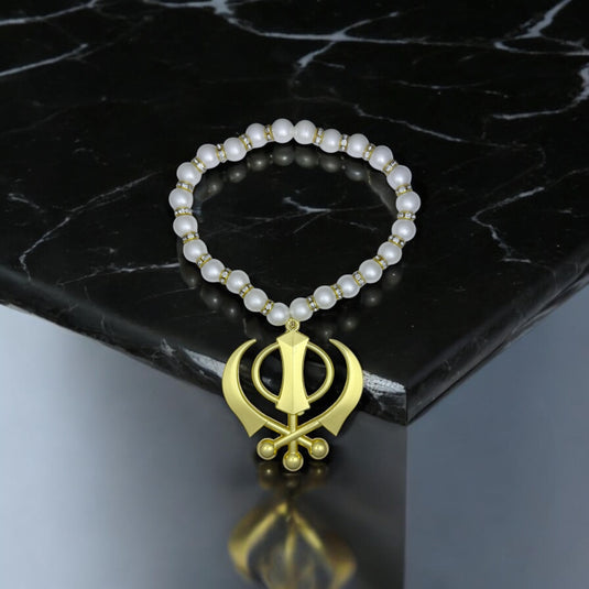 Gold Plated Khanda & Pearl Mala Car Hanging