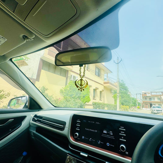 Gold Plated Khanda & Pearl Mala Car Hanging