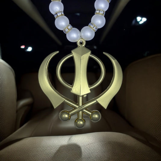 Gold Plated Khanda & Pearl Mala Car Hanging