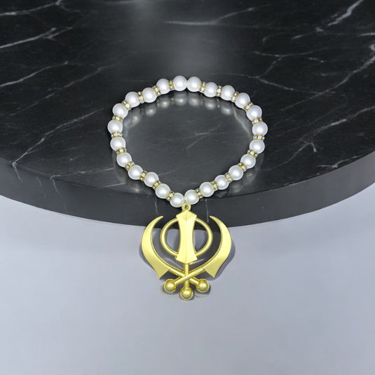 Gold Plated Khanda & Pearl Mala Car Hanging